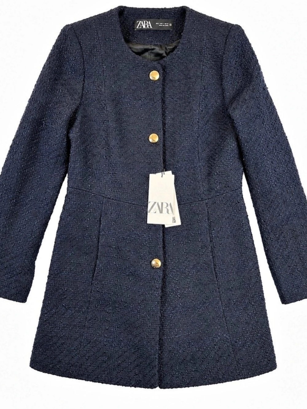 Zara Navy Bouclé Tweed Collarless Gold Button Long Coat Jacket NWT M
